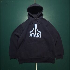 Vintage 00s Atari Big Logo Hoodie‎ Sweatshirt Navy Blue Mens Size XL Y2K Gaming